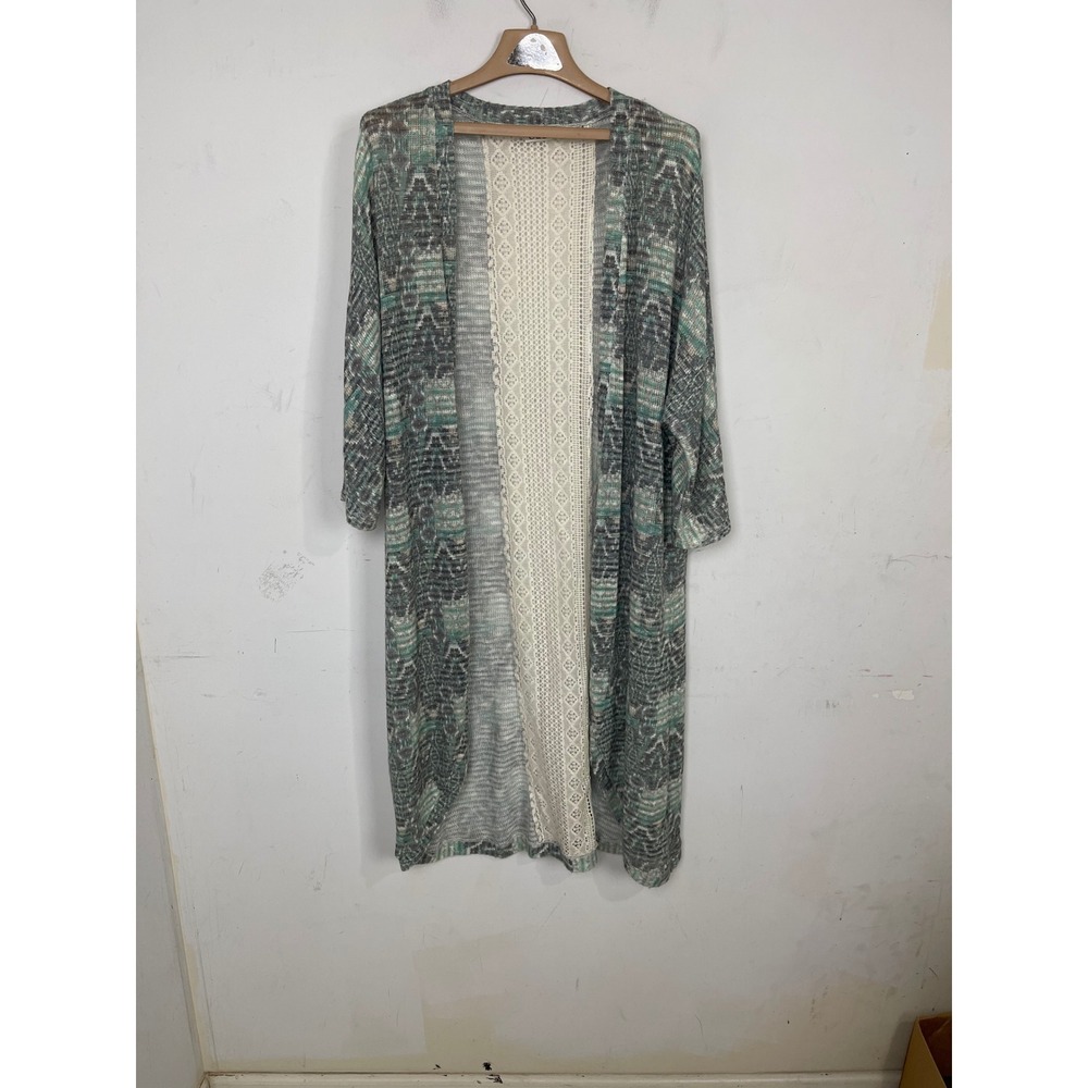 Cato Womens XL Grey Teal Longline Lace Back Cardigan Duster Open Front Sweater